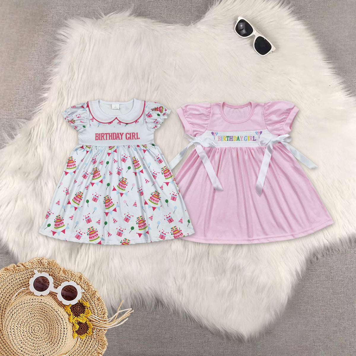 RTS NO MOQ Sibling baby girl clothes Gift Box-Birthday Hat-Cake Pattern Short Sleeve Dresses