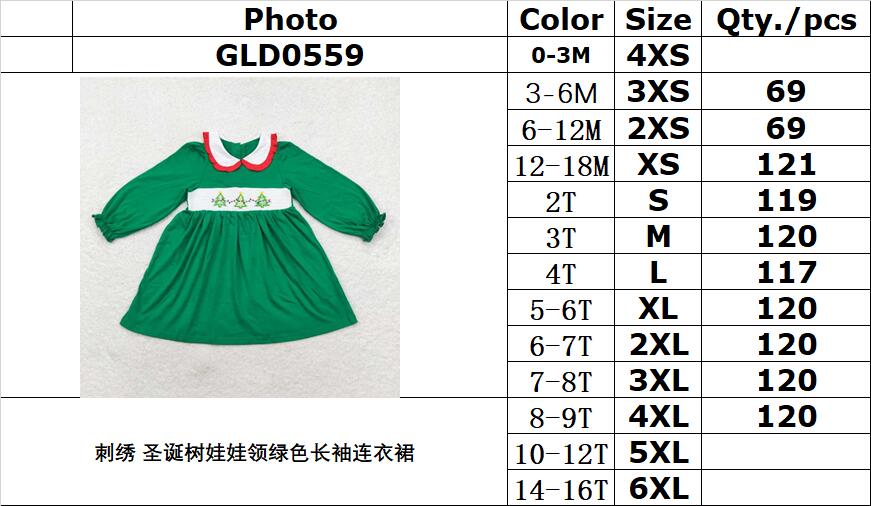 rts no moq GLD0559 Embroidered Christmas tree doll collar green long-sleeved dress