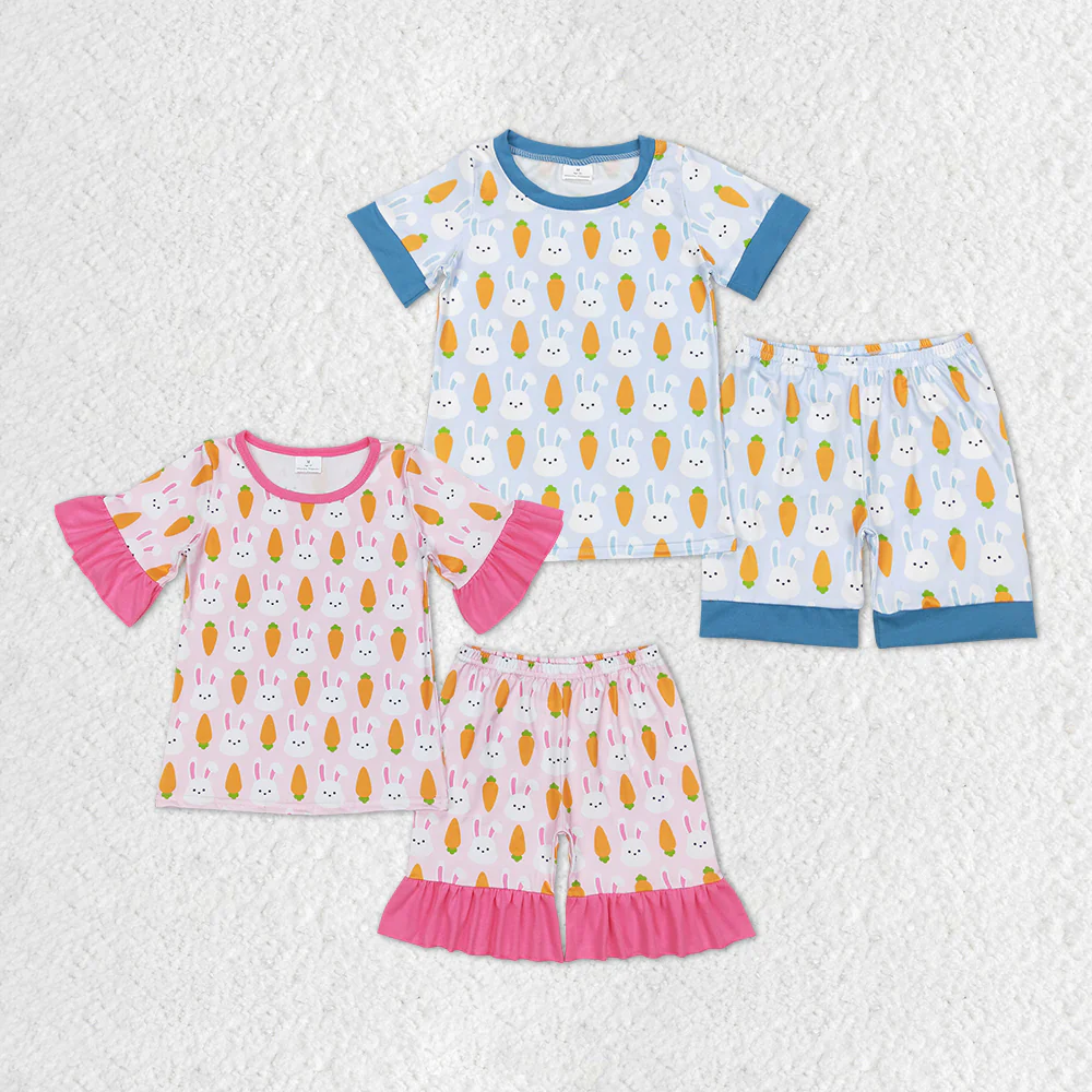 Baby Girls Boys Easter Carrot Rabbits Shirt Top Shorts Pajamas Sibling Clothing Sets