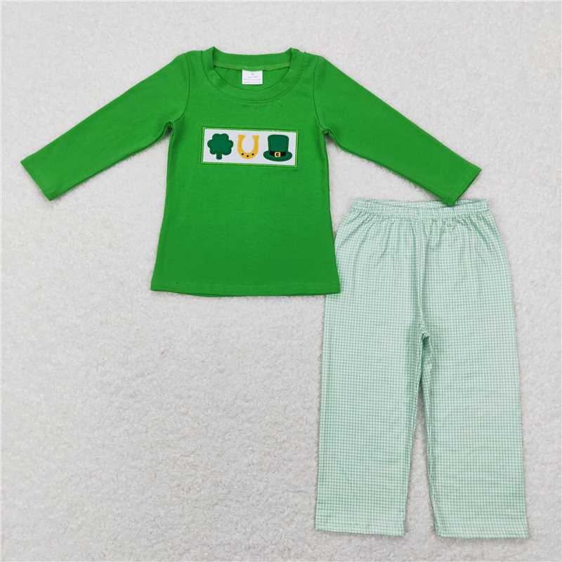 RTS NO MOQ Baby Boys Clothes St. Patrick's Four Leaf Clover long-sleeved pants set