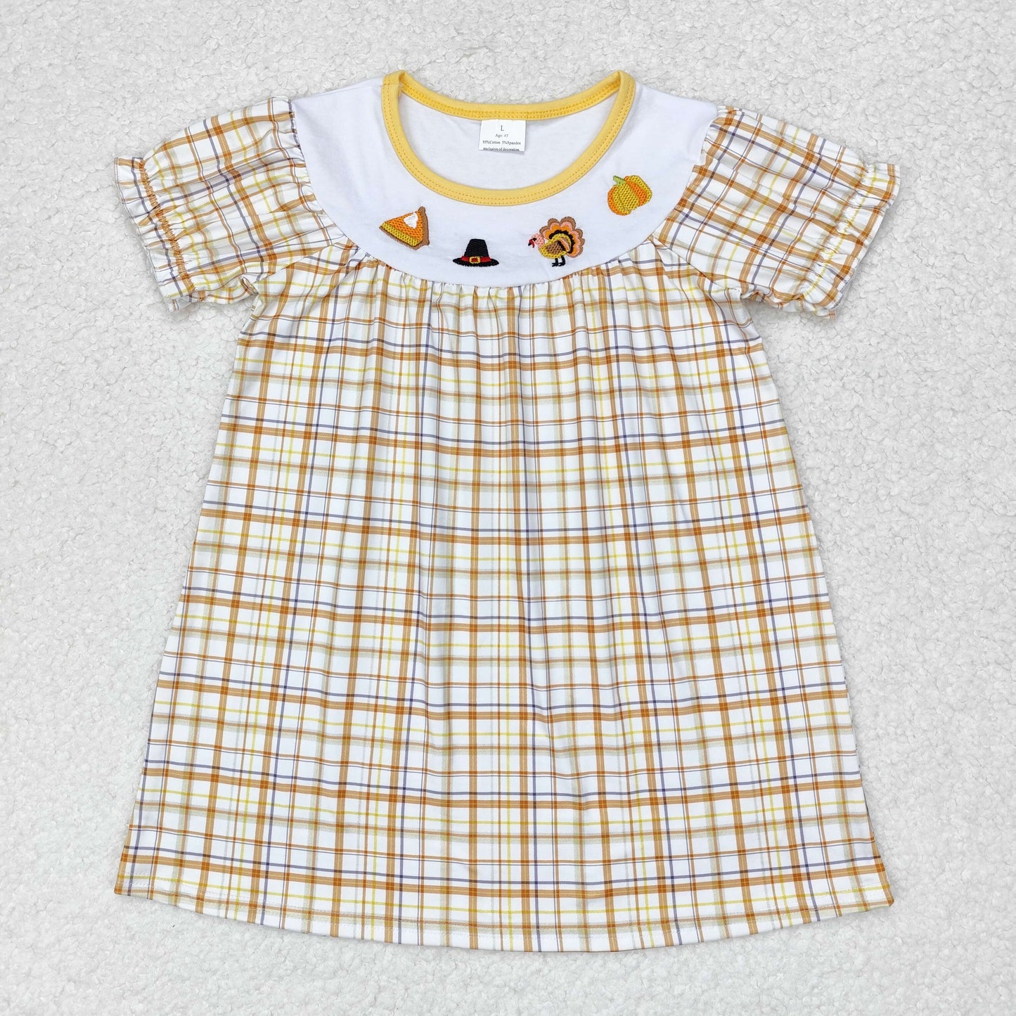 RTS no moq GSD1322 Embroidered hat turkey pumpkin orange and yellow plaid short-sleeved dress