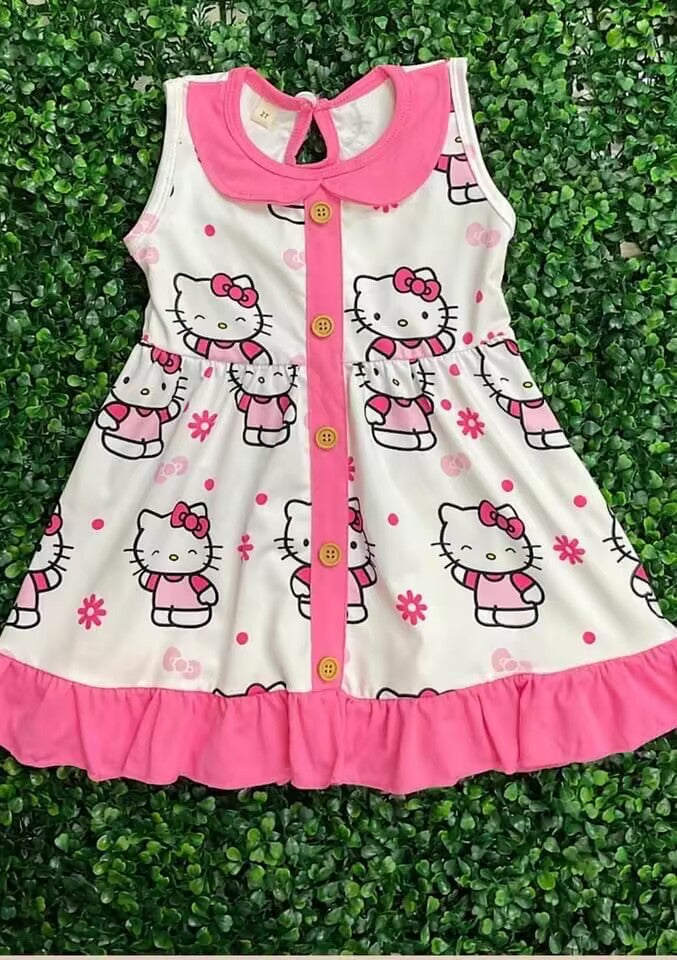 custom moq 5 eta 5-6weeks baby girl clothes Hello Kitty pink sleeveless summer dresses