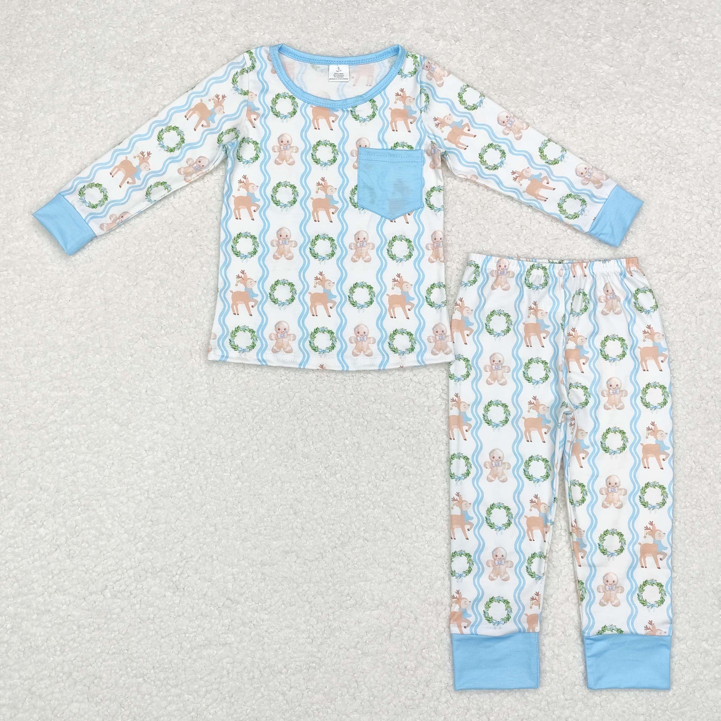 bamboo rts no moq BLP0483 Modal gingerbread man deer wreath blue pocket long-sleeved trousers pajama set