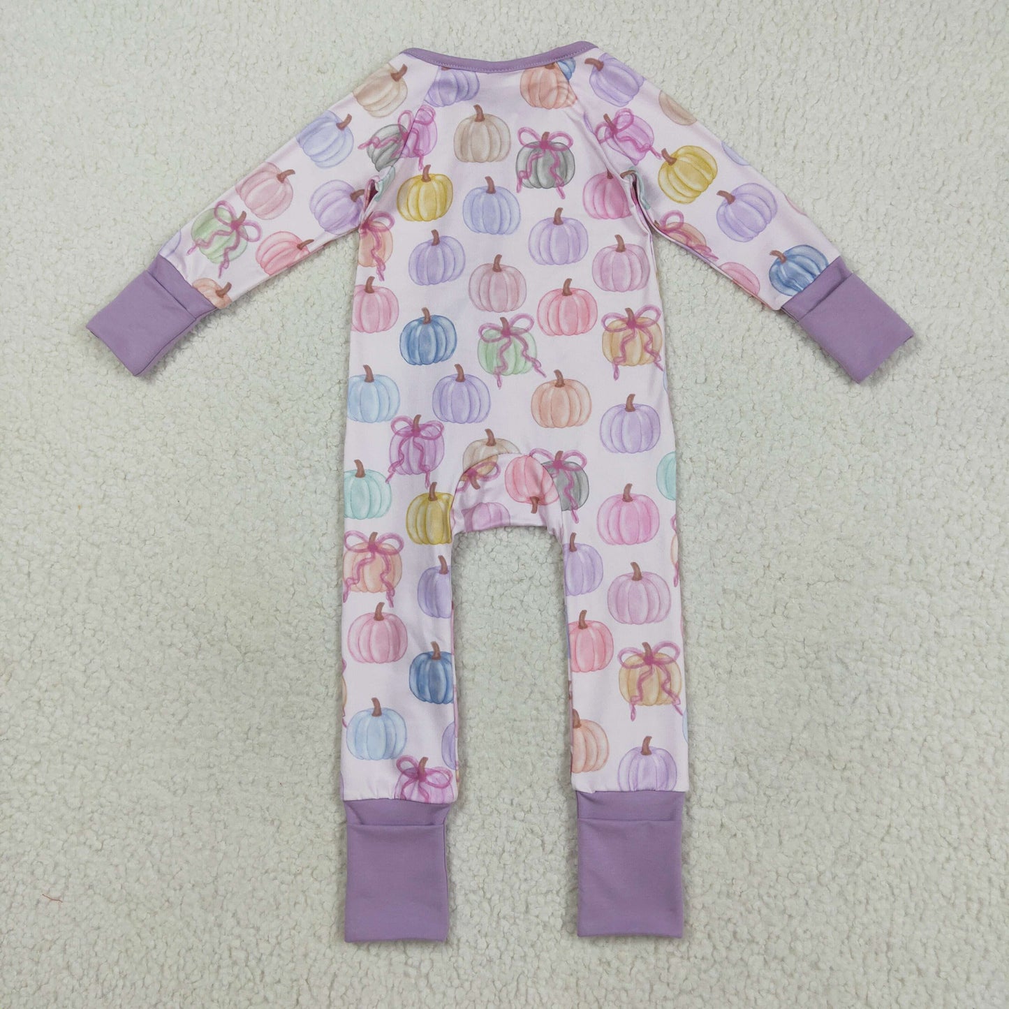 RTS NO MOQ（In Stock) LR2442 Pink and purple long-sleeved zip-up bodysuit with colorful pumpkin and bow pattern