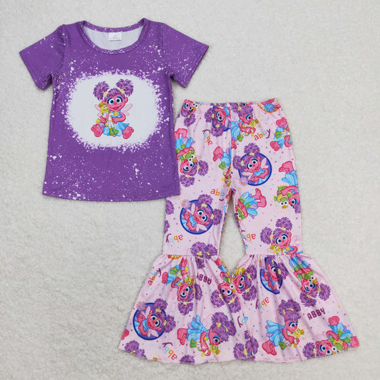 GSPO1359 Sesame Street Cartoon Purple Short Sleeve Pants Suit