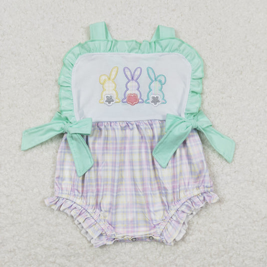 SR0543 Embroidery Three Colorful Rabbits Green Bow Lace Purple Yellow Plaid Vest Jumpsuit