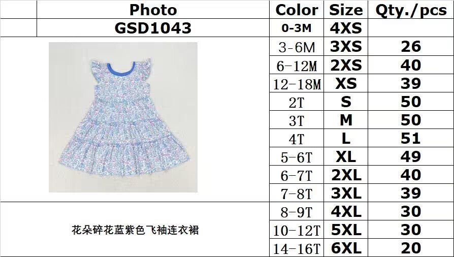 RTS no moq GSD1043 Floral floral blue and purple flying sleeve dress