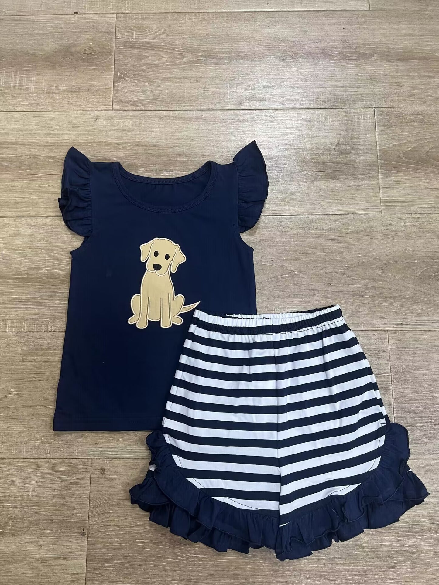 custom moq 5 eta 4-5 weeks baby girls clothes dog black flying sleeve striped shorts girls summer outfit