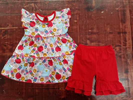 custom moq 5 eta 4-6weeks summer baby girls clothes smiley apple red flying sleeve shorts sets