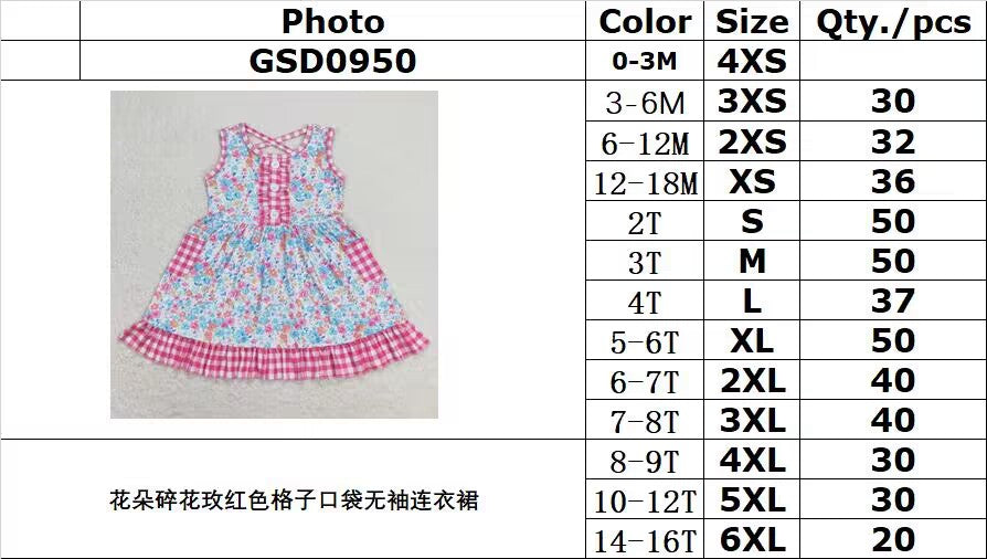 GSD0950 Floral floral rose red plaid pocket sleeveless dress