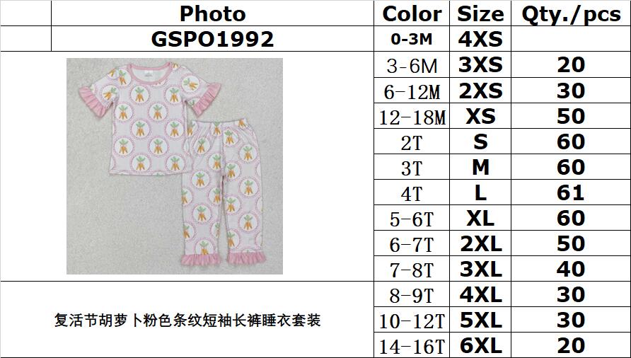 RTS NO MOQ ETA 5/7days Arrived GSPO1992 Easter Carrot Pink Striped Short Sleeve Long Pants Pajama Set