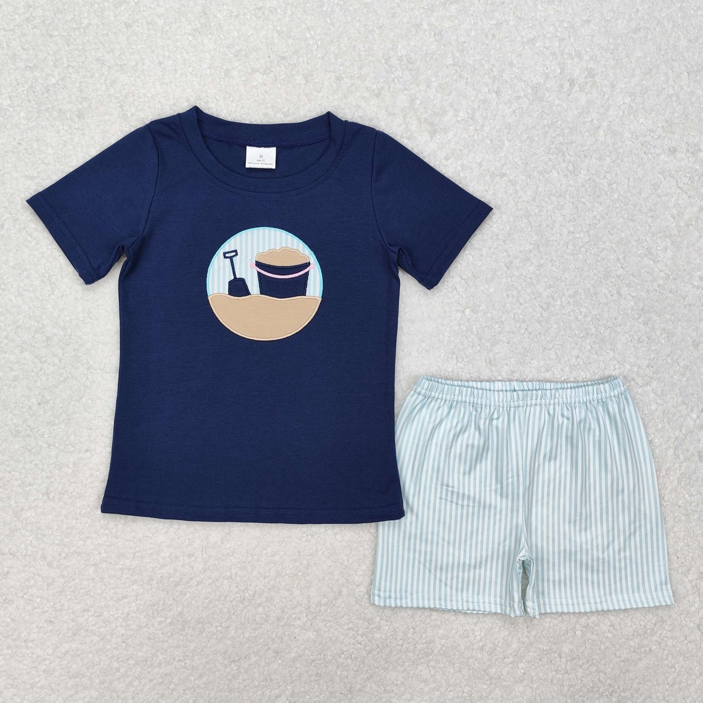 RTS NO MOQ ETA 5/7days Arrived BSSO1193 Embroidered beach bucket shovel navy blue short sleeve striped shorts set