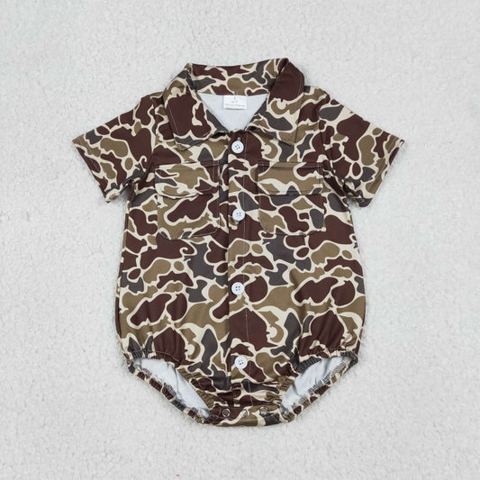 RTS NO MOQ（In Stock) SR3659 Brownish-green camouflage pocket button collar short-sleeved bodysuit