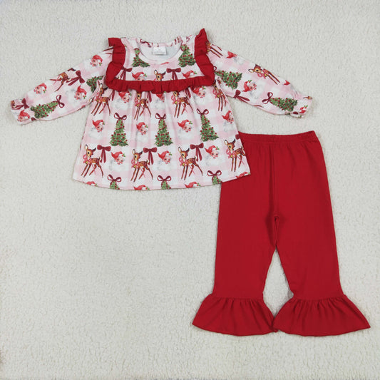 rts no moq GLP2419 Santa Claus bow pattern deer red lace pink plaid long sleeve pants set
