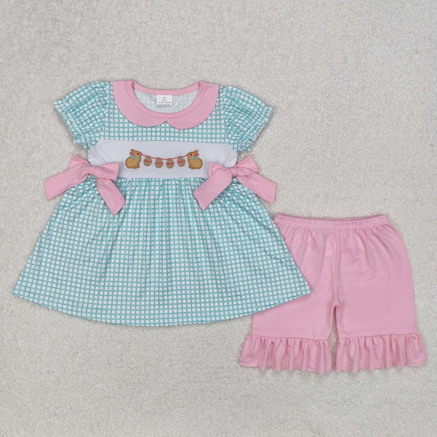 RTS NO MOQ ETA 5/7days Arrived GSSO1882 embroidery Easter bunny egg pink bow doll collar plaid short sleeve shorts suit