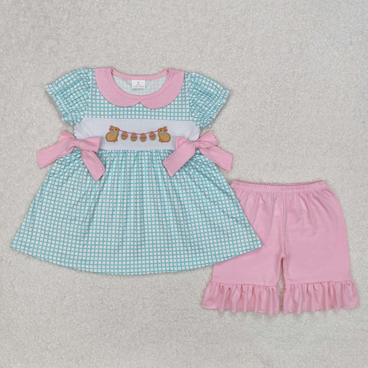 RTS NO MOQ ETA 5/7days Arrived GSSO1882 embroidery Easter bunny egg pink bow doll collar plaid short sleeve shorts suit