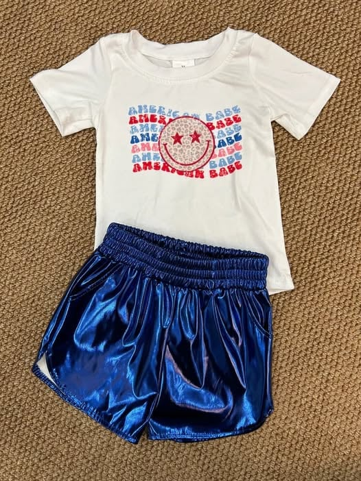 RTS NO MOQ  SS0409 Shiny leather royal blue shorts july 4th sets