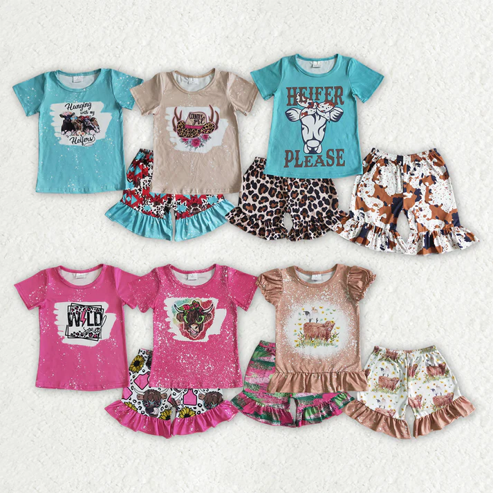 RTS NO MOQ baby girls western cow head short sleeve shorts Sets