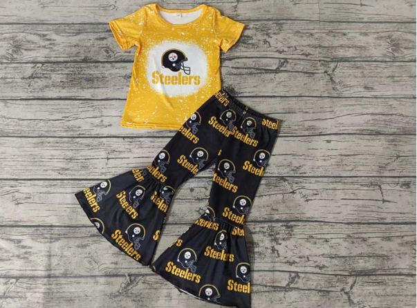 Deadline September  23 custom no moq eta 6-8weeks Yellow short-sleeved top with sports helmet pattern and black flared pants set