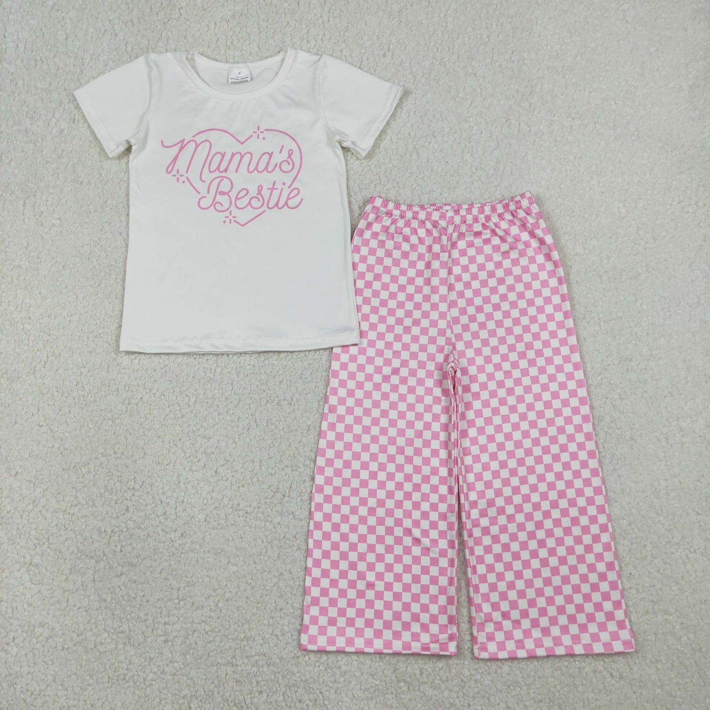 RTS NO MOQ（In Stock) GT1565+P1018 Mama's Bestie Letter White Short-Sleeve Top Pink Plaid Pants set