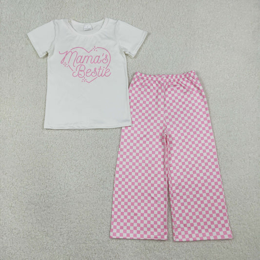 RTS NO MOQ（In Stock) GT1565+P1018 Mama's Bestie Letter White Short-Sleeve Top Pink Plaid Pants set