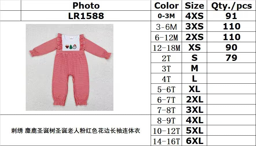 RTS NO MOQ ETA 5/7days arrived LR1588 Embroidery Elk Christmas Tree Santa Claus Pink Lace Long Sleeve Bodysuit