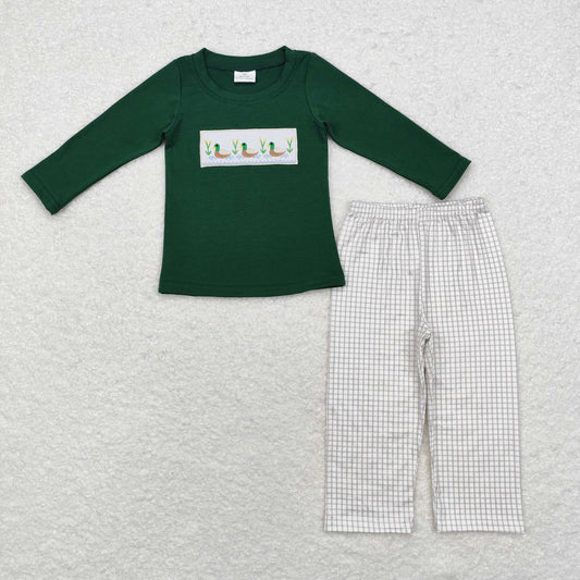 rts no moq BLP0717 Embroidered duck green long sleeve plaid trousers set