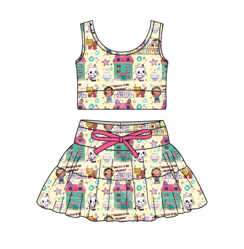 Custom moq 5 mix size milk silk baby girl clothes summer cartoon sleeveless skirts sets