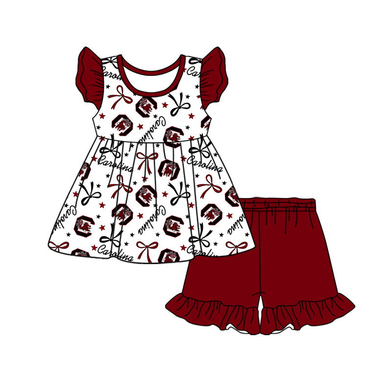 custom moq 3 eta 6-7weeks baby girls clothes team bow dark red short Sleeves Shorts Set