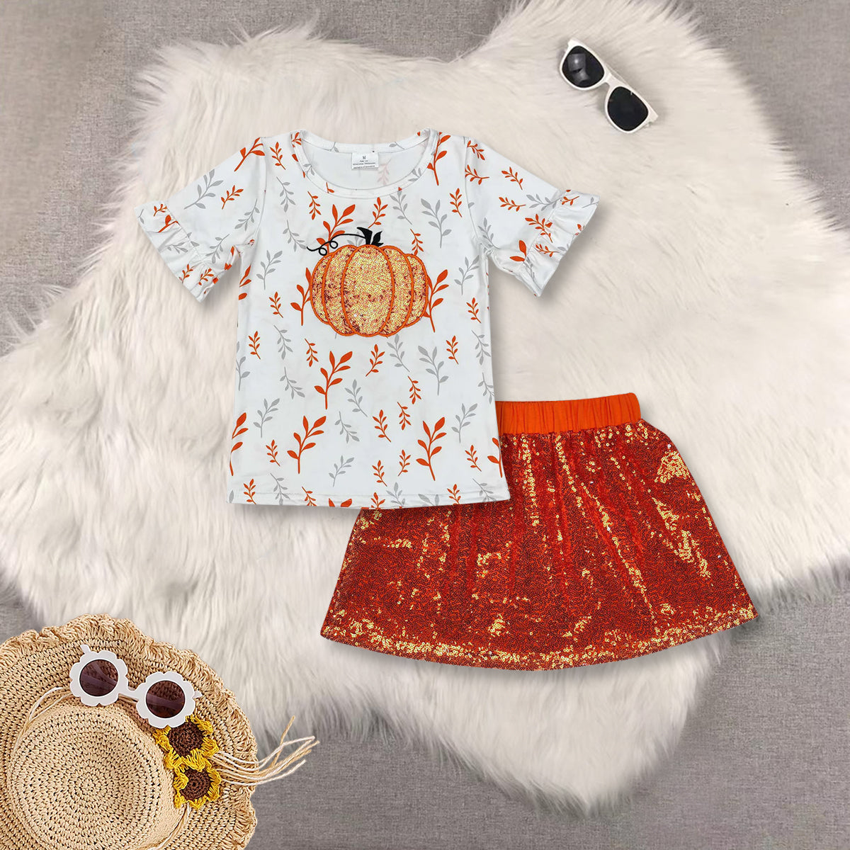 RTS NO MOQ Sibling baby girls clothes pumpkin orange short sleeve short skirts sets and Top and skirts