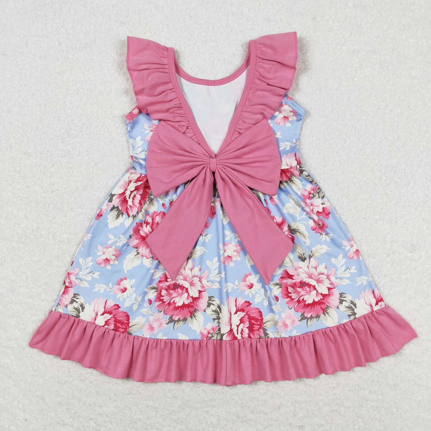 RTS no moq GSD0723 Flower pink lace bow blue sleeveless dress