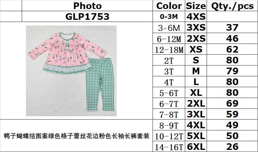 rts no moq GLP1753 Duck bow pattern green plaid lace pink long-sleeved trousers set