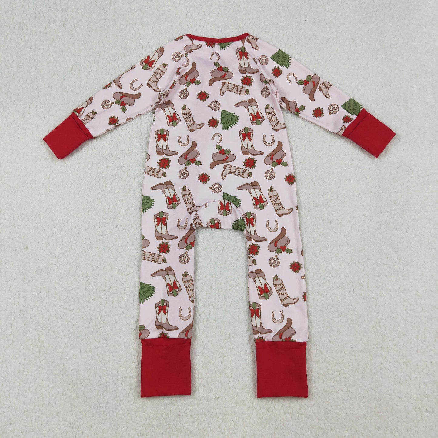 RTS NO MOQ（In Stock) LR2584 Pink long-sleeved bodysuit with a red zipper and Christmas tree boots and hat