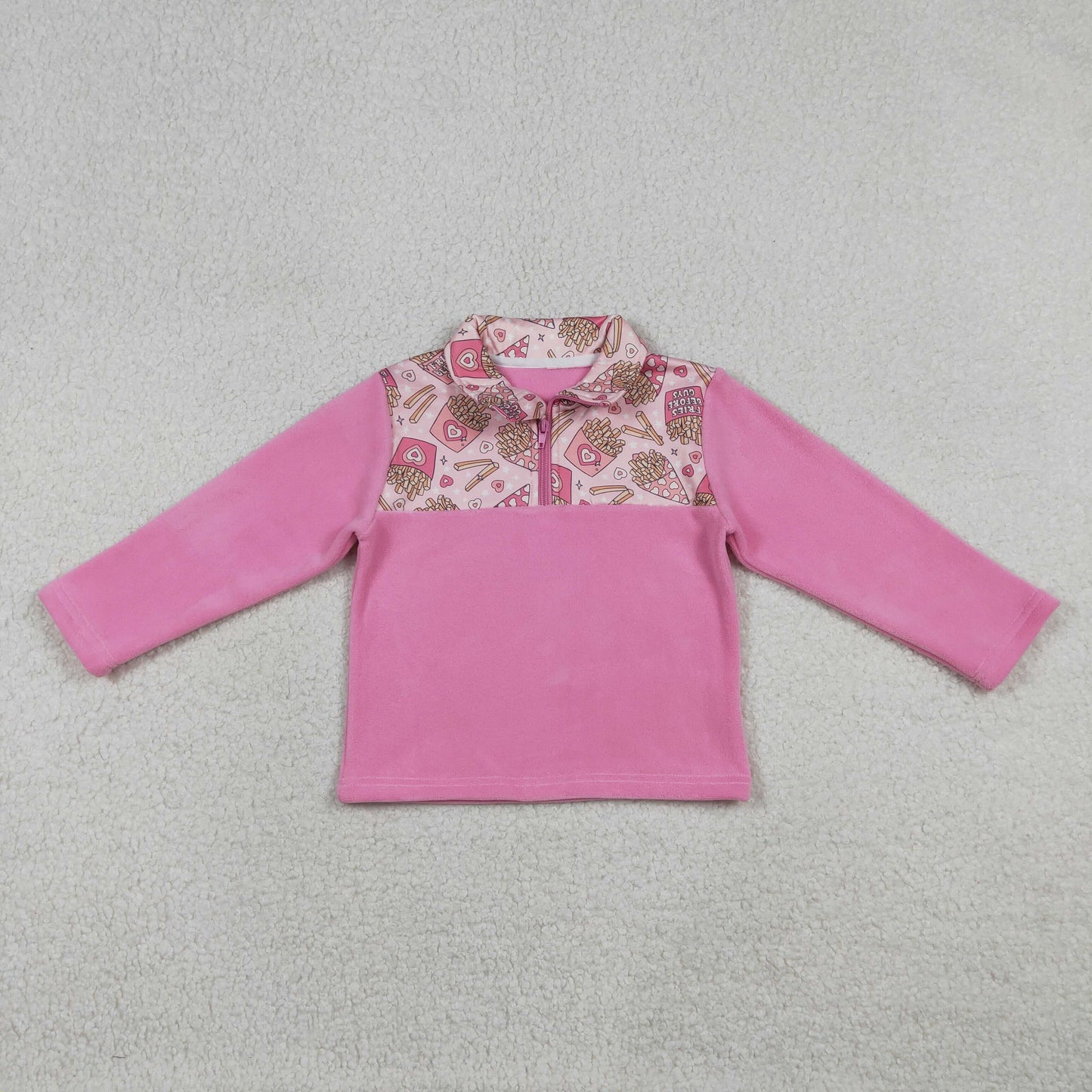 RTS NO MOQ（In Stock) fleece Pink Plush Zipper Long-Sleeve Top with Letter Fries and Heart Design