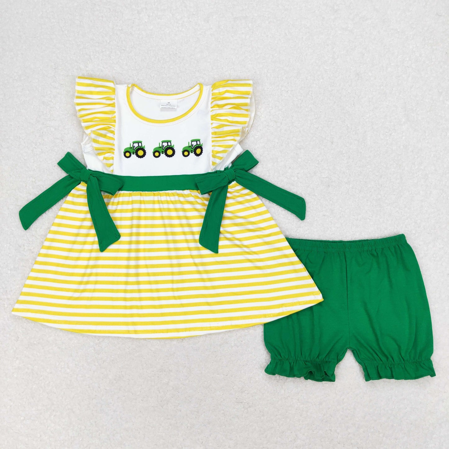 RTS no moq GSSO1223 Farm tractor yellow stripe green bow shorts set