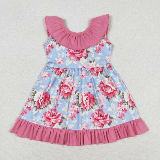 RTS no moq GSD0723 Flower pink lace bow blue sleeveless dress