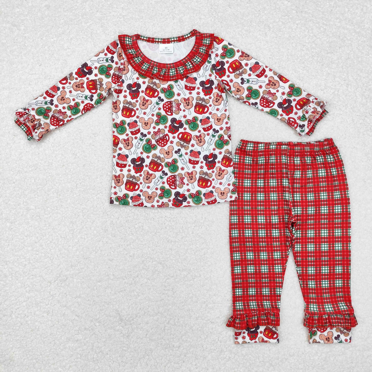 rts no moq GLP1550 Christmas Mickey Cup Lace White Long Sleeve Plaid Pants Set