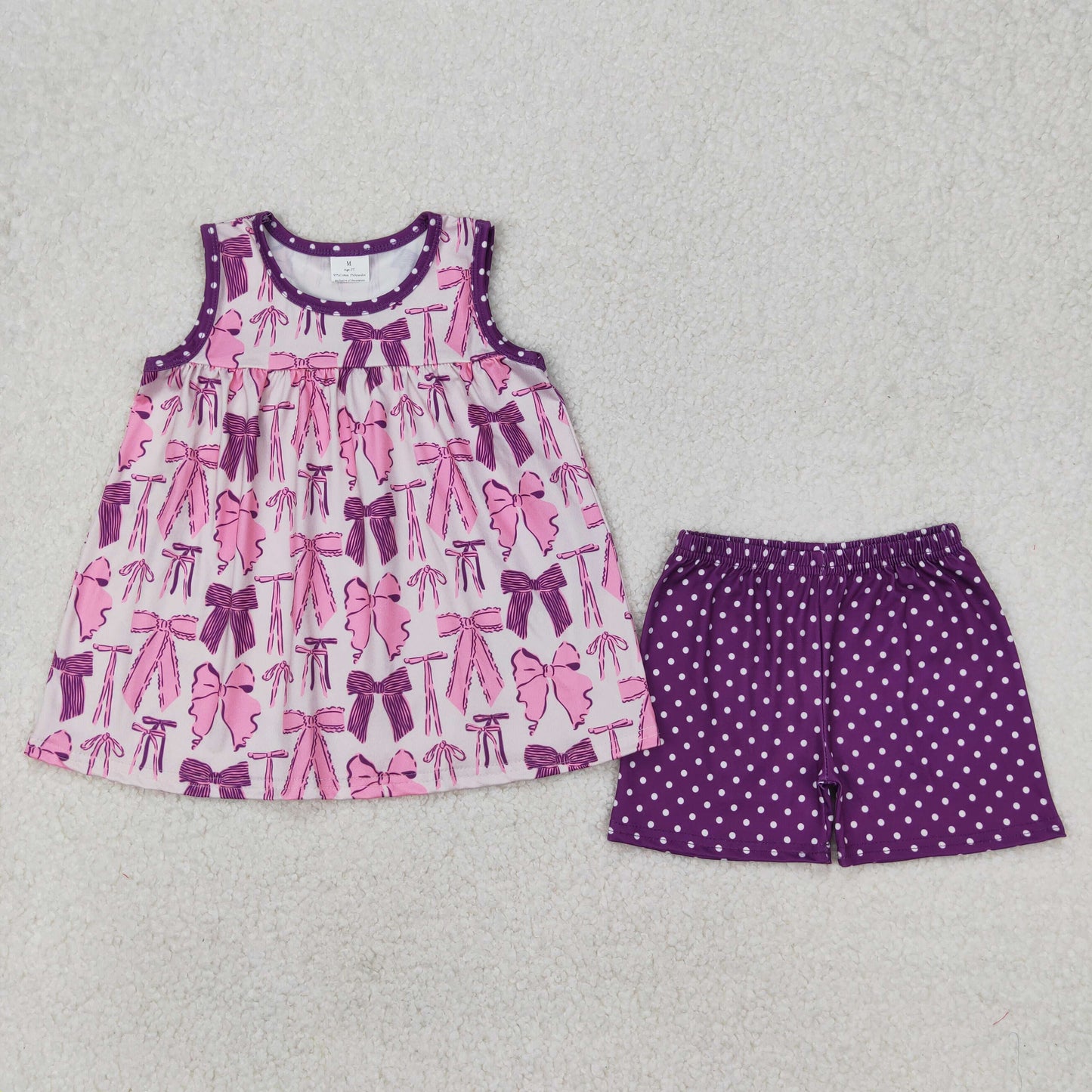 RTS NO MOQ ETA 5/7days Arrived GSSO2105 Pink and purple bow pattern white sleeveless polka dot shorts set