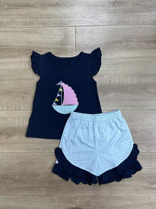 custom moq 5 eta 4-5 weeks baby girls clothes boat navy blue flying sleeve shorts girls summer outfit