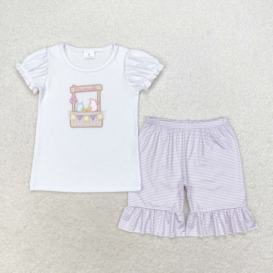 RTS no moq GSSO1240 Embroidery lemonade stand bunting white short sleeve purple striped shorts set