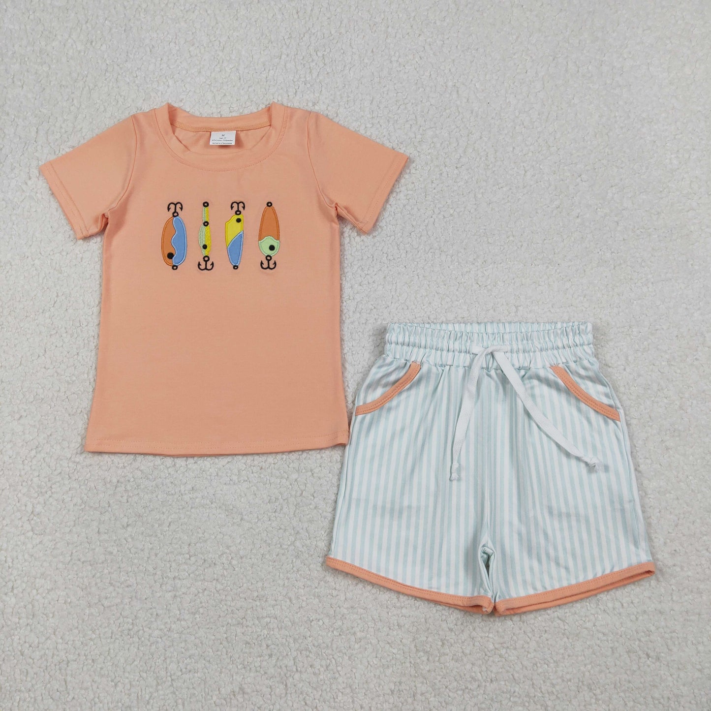 RTS NO MOQ（In Stock) Embroidered Fishing Hook Orange Short-Sleeve Vertical Striped Shorts Set