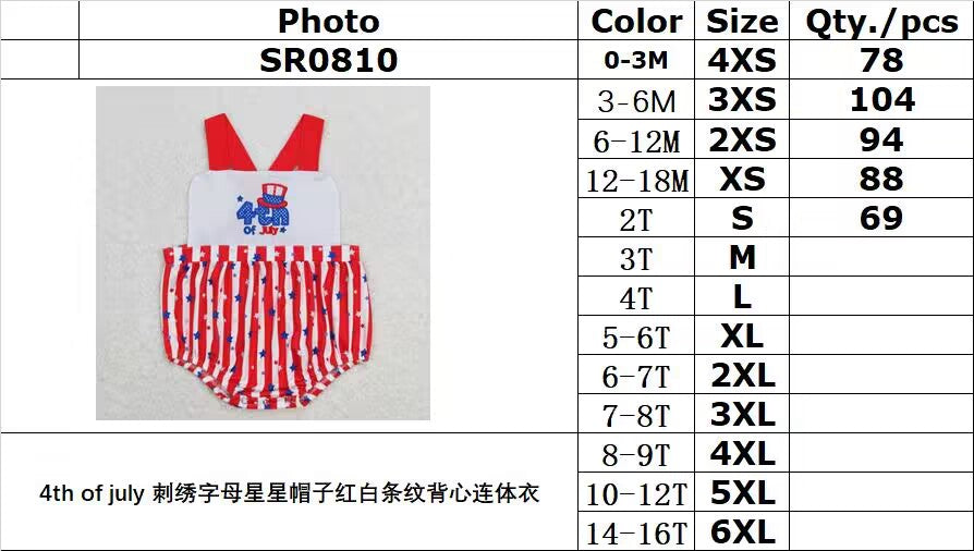 SR0810 4th of july embroidered letter star hat red and white striped vest jumpsuit