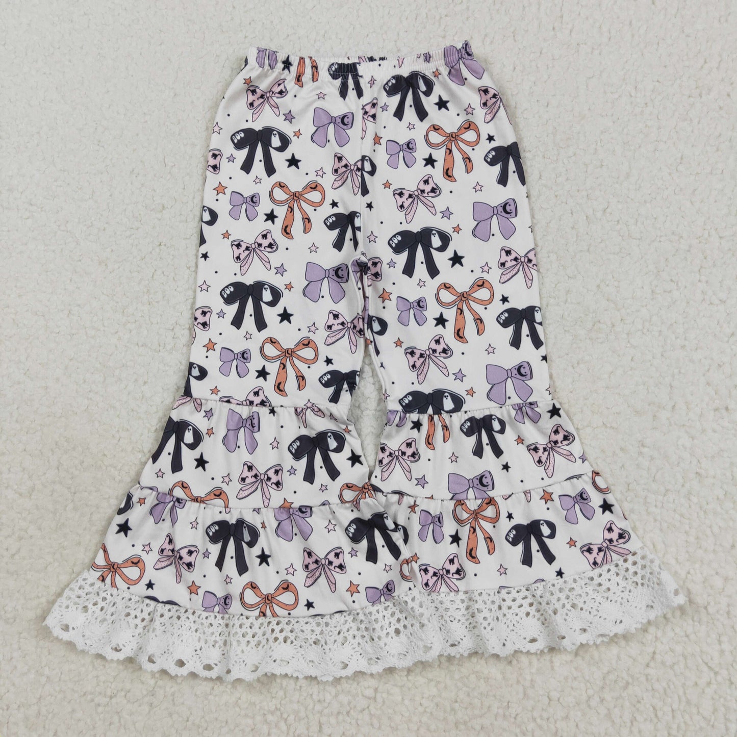 RTS NO MOQ（In Stock) P0783 Halloween Bow Pattern Star Lace Beige Pants