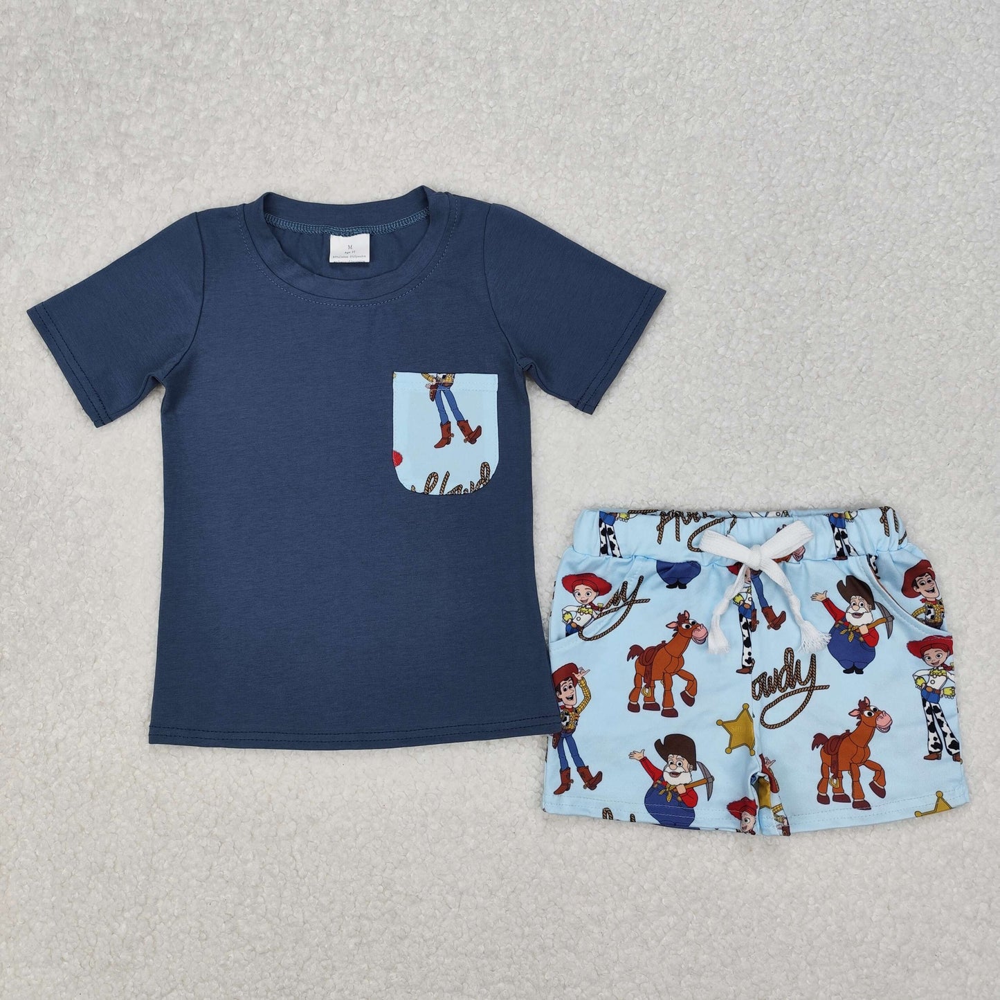 RTS NO MOQ ETA 5/7days Arrived BSSO1213 howdy Toy Story pocket blue short-sleeved shorts set