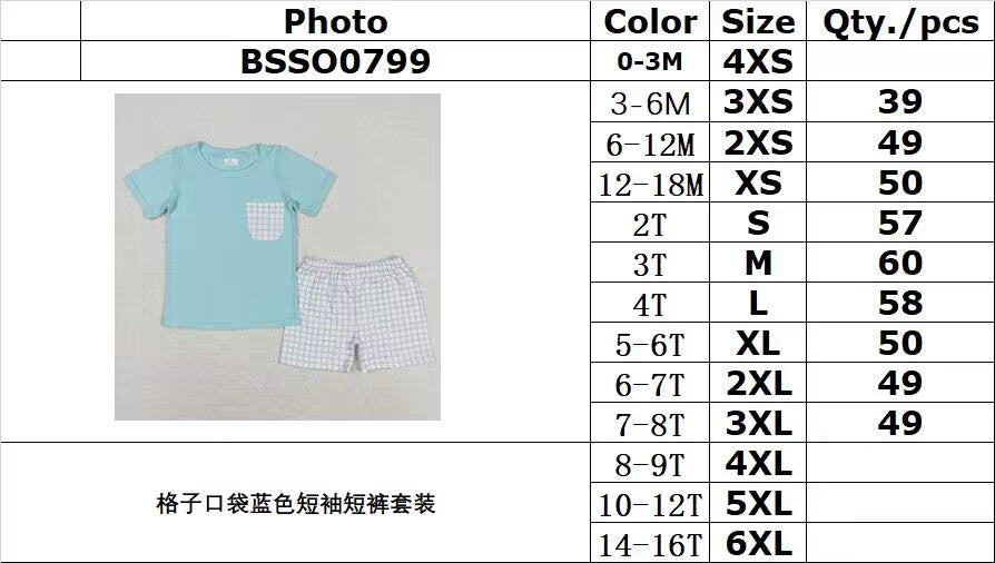 rts no moq BSSO0799 Plaid pocket blue short sleeve shorts suit