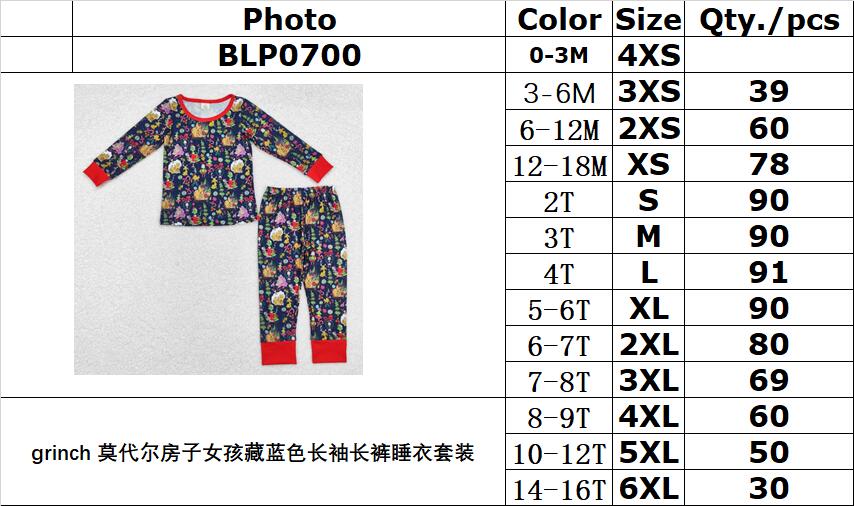 bamboo rts no moq BLP0700 grinch modal house girl navy blue long-sleeved long pants pajamas set