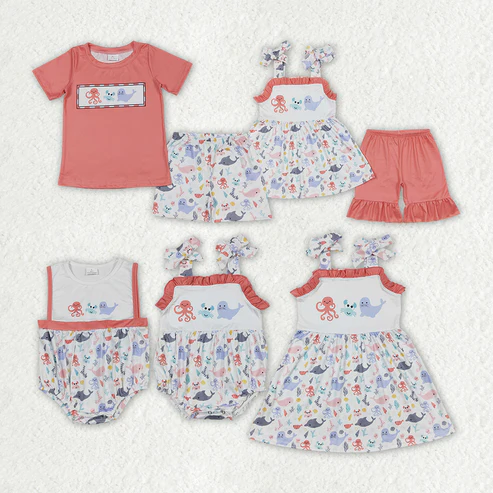 Baby Girls Octopus Crab Sea Lion Summer Sibling Designs Clothes Sets