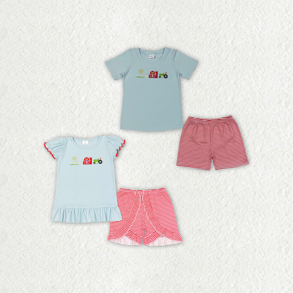 RTS NO MOQ Baby Girls and Boys embroidery Short Sleeve Shorts Sets