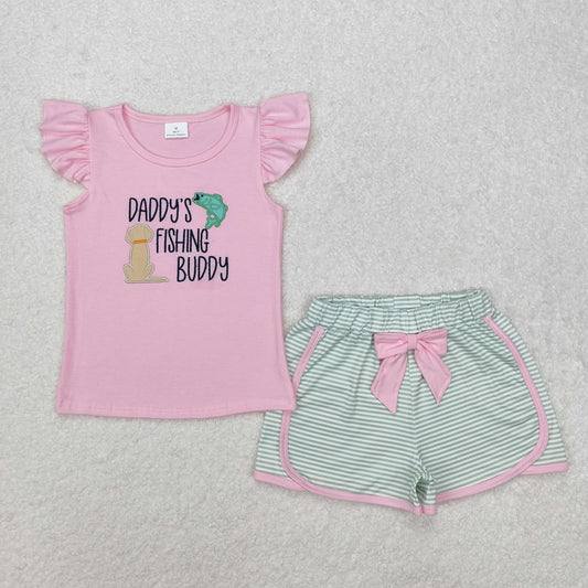 RTS NO MOQ ETA 5/7days Arrived GSSO1673 Embroidered daddy's fishing buddy fish puppy pink flying sleeve stripes shorts set