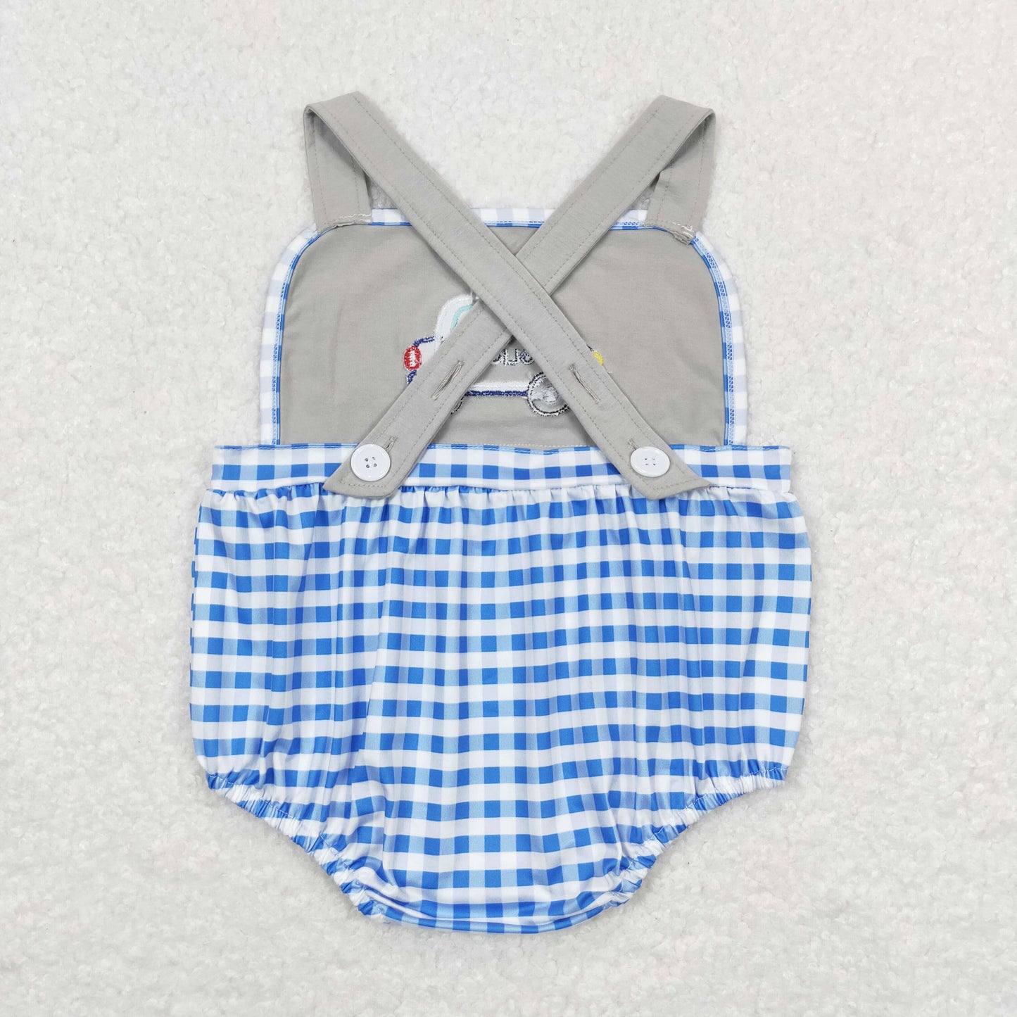 RTS NO MOQ（In Stock) police embroidered police car blue and white plaid gray vest jumpsuit